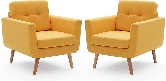 Linen Fabric Accent Chairs Set of 2, Mid Century Modern Armchair for Living Room