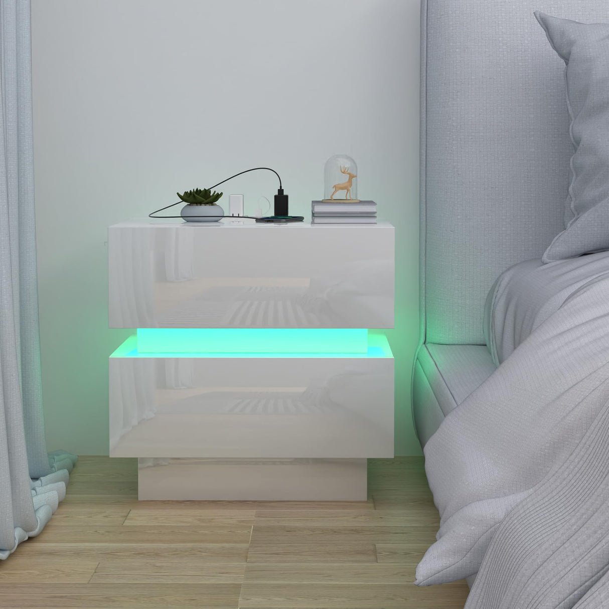 LED Night Stand with Charging Station,Modern Nightstand Set with 2 Drawers