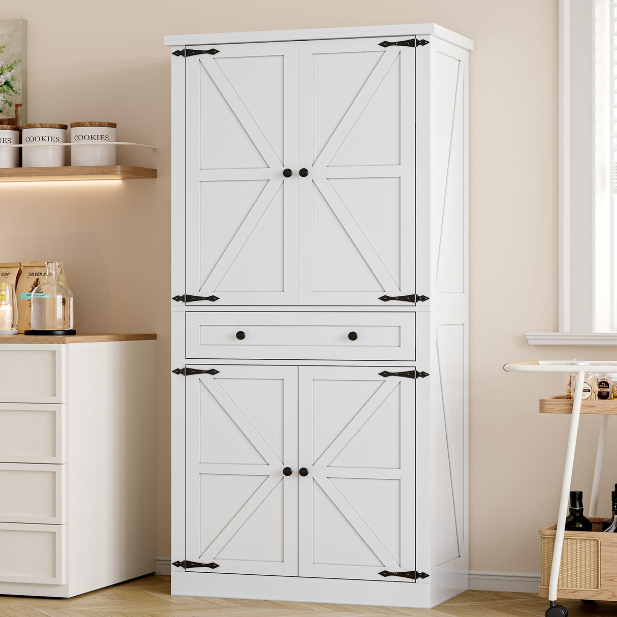 Pantry Organizers and Storage Cabinet, 70” Barn Door White Kitchen Cabinet