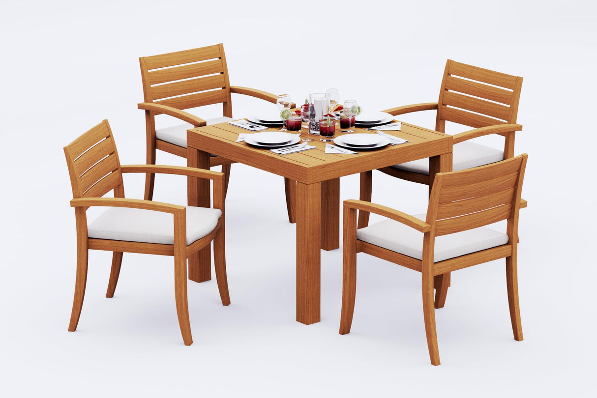 4 Seats 5 Pcs Grade-A Teak Wood Dining Set: 36" Square Table and 4 Travota Stacking