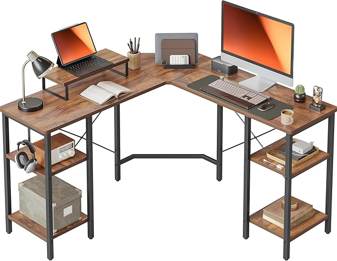 L Shaped Desk with Shleves, 58 inch Large Corner Desk with Two Storage, Space Saving