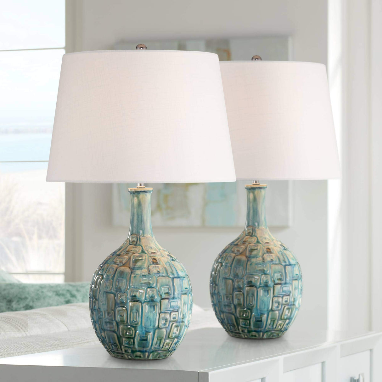 26" High Gourd Mid Century Modern Coastal Table Lamps Set of 2 Teal Ceramic Fabric