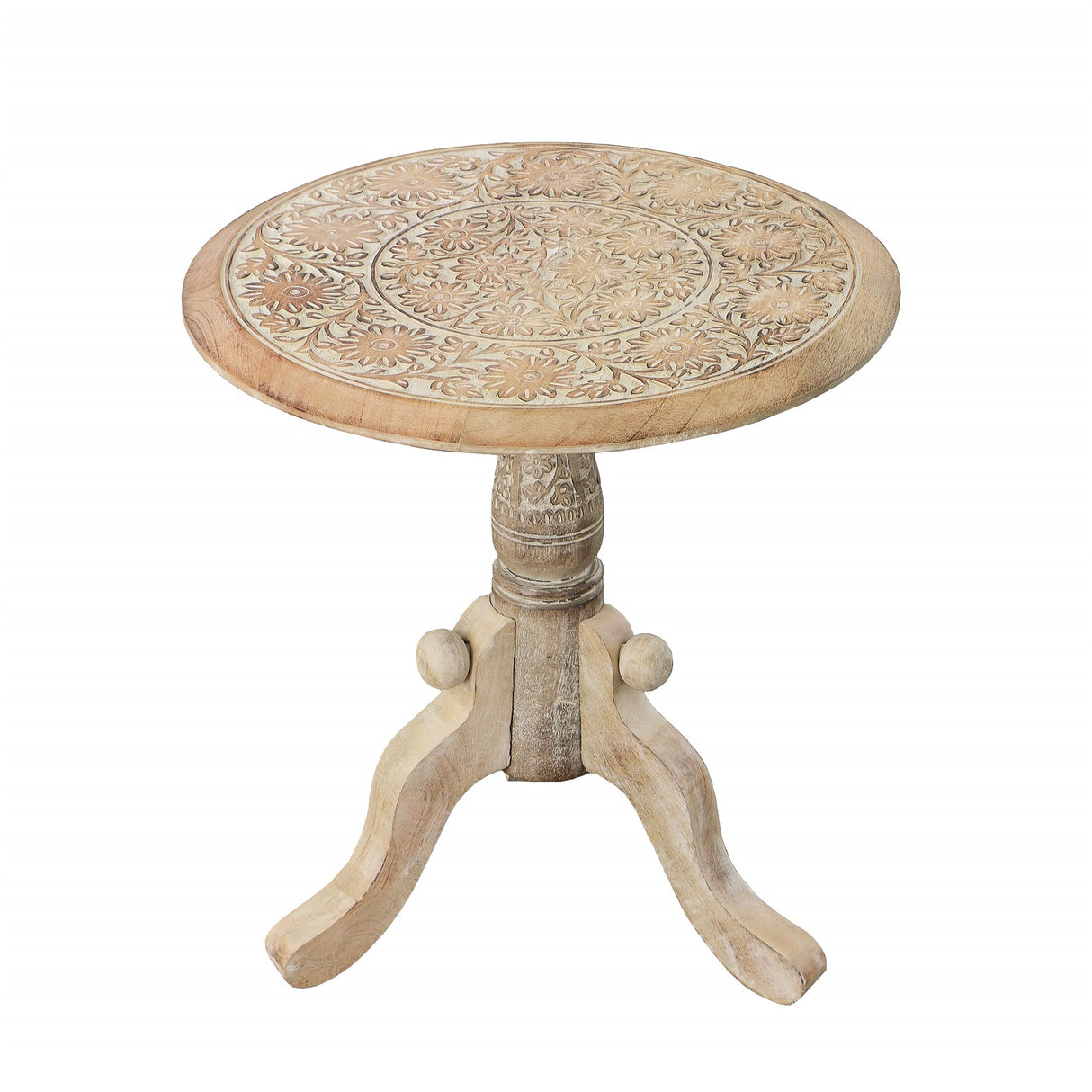 Intricately Carved Round Top Mango Wood Side End Table with Pedestal Base