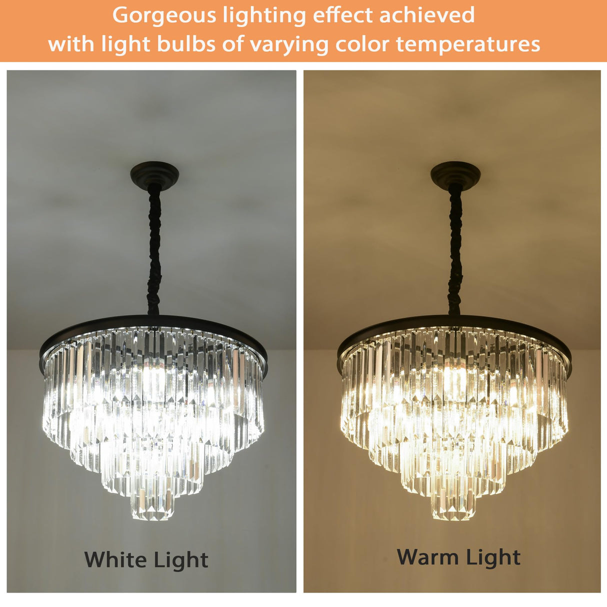 ELGOBST Black Modern Crystal Chandelier Lighting K9 Crystal Round Chandelier Hanging Ceiling Light Fixture 4-Tier Contemporary Crystal Pendant Light for Dining Room Living Room Bedroom 23.6inch