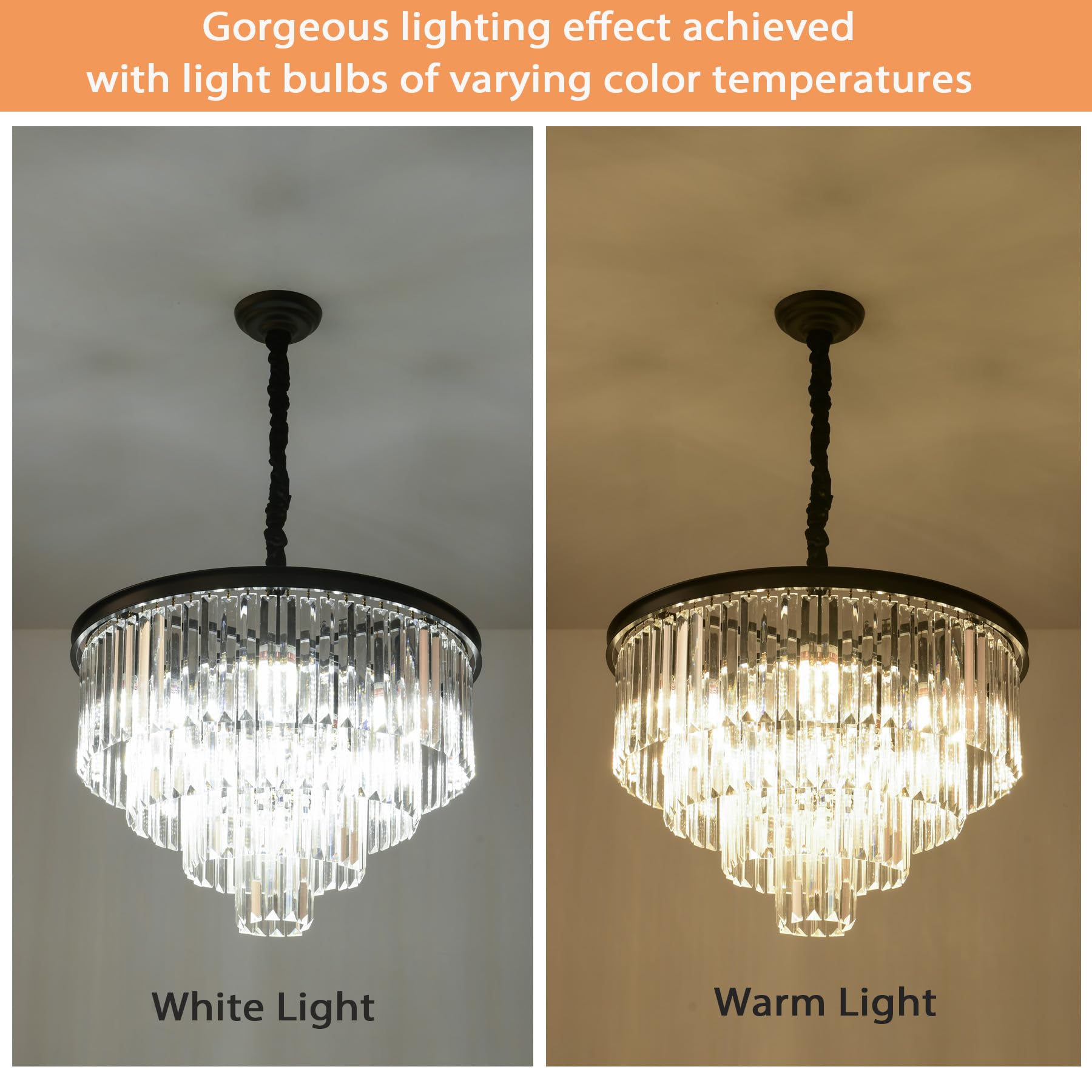 ELGOBST Black Modern Crystal Chandelier Lighting K9 Crystal Round Chandelier Hanging Ceiling Light Fixture 4-Tier Contemporary Crystal Pendant Light for Dining Room Living Room Bedroom 23.6inch