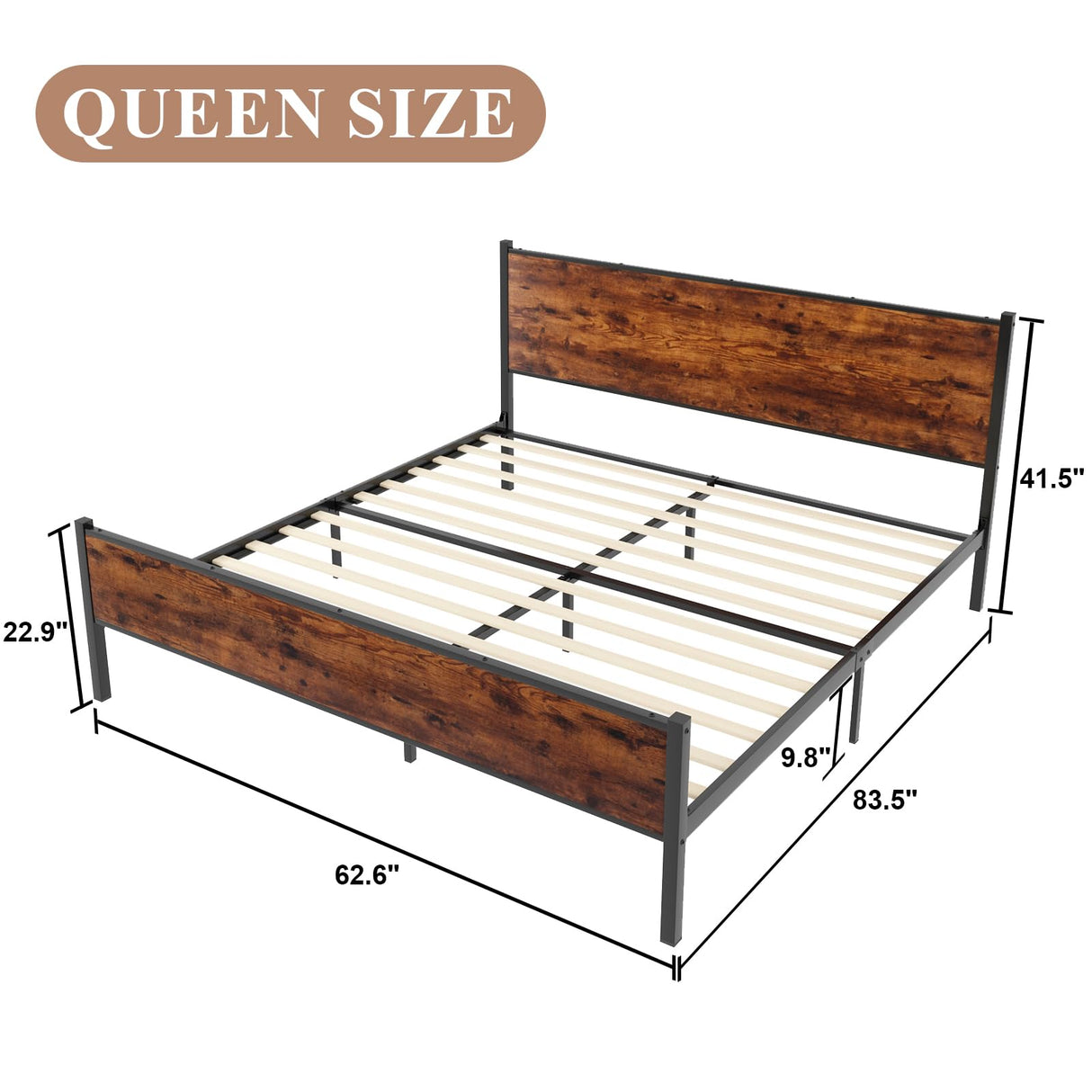 Queen Size Platform Bed Frame with Wooden Headboard and Footboard, Large Under Bed