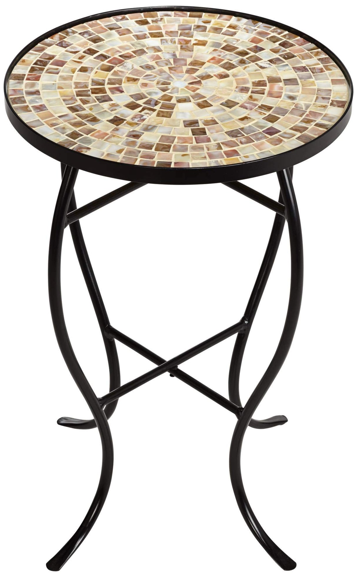 Teal Island Designs Mother of Pearl Modern Black Metal Round Outdoor Accent Side Table 14" Wide Natural Mosaic Tile Tabletop Gracefully Curved Legs for Spaces Porch Patio Home House Balcony Deck - Bircata