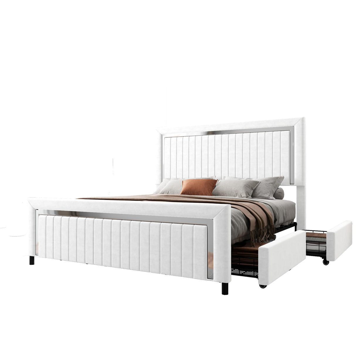 Upholstered Platform Queen Size LED Bed Frame with 4 Storage Drawers