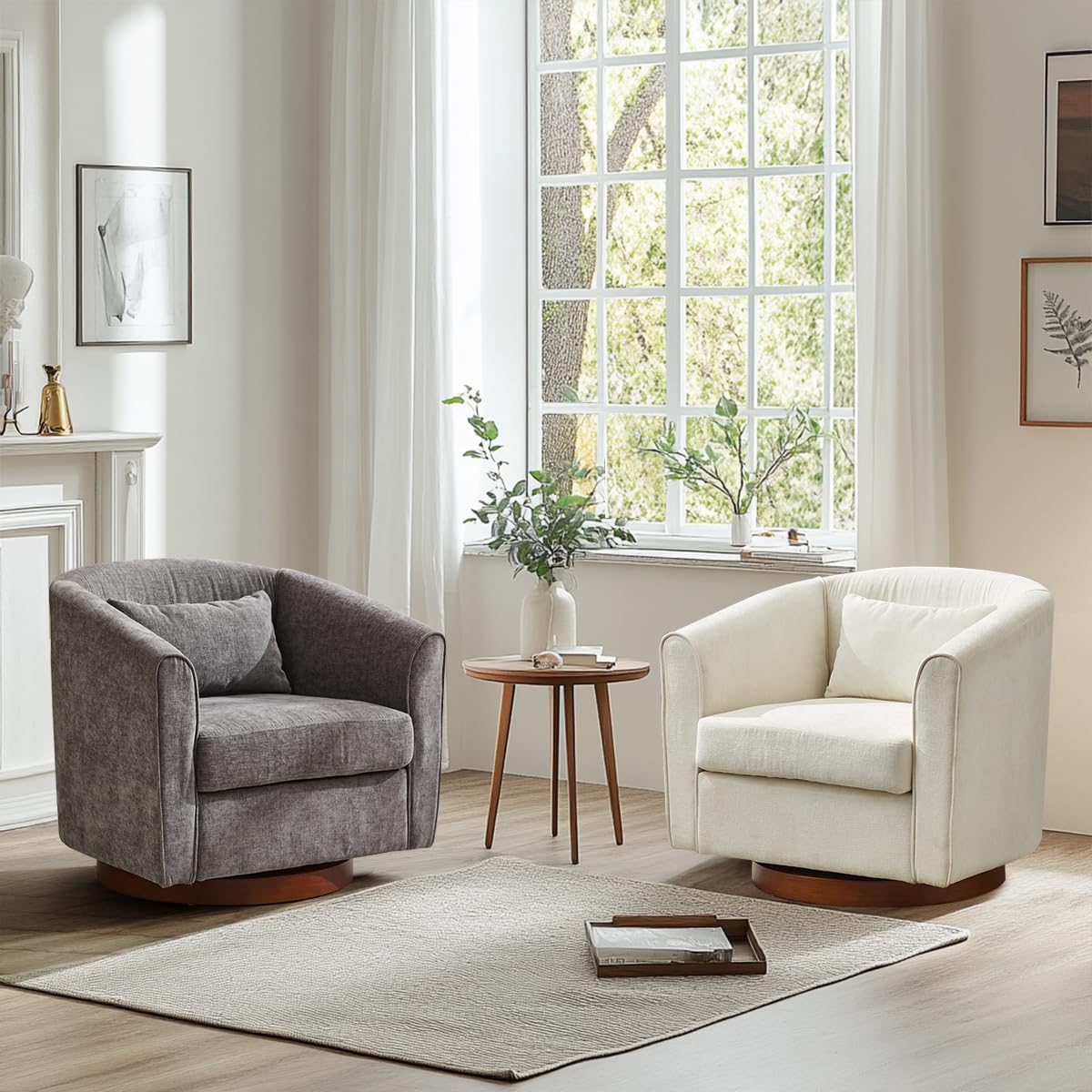 Swivel Accent Chair,Chenille Single Barrel Chairs with Wood Base Side,Comfy Swivel Accent Chair with Wide Upholstered for Living Room Bedroom(White)