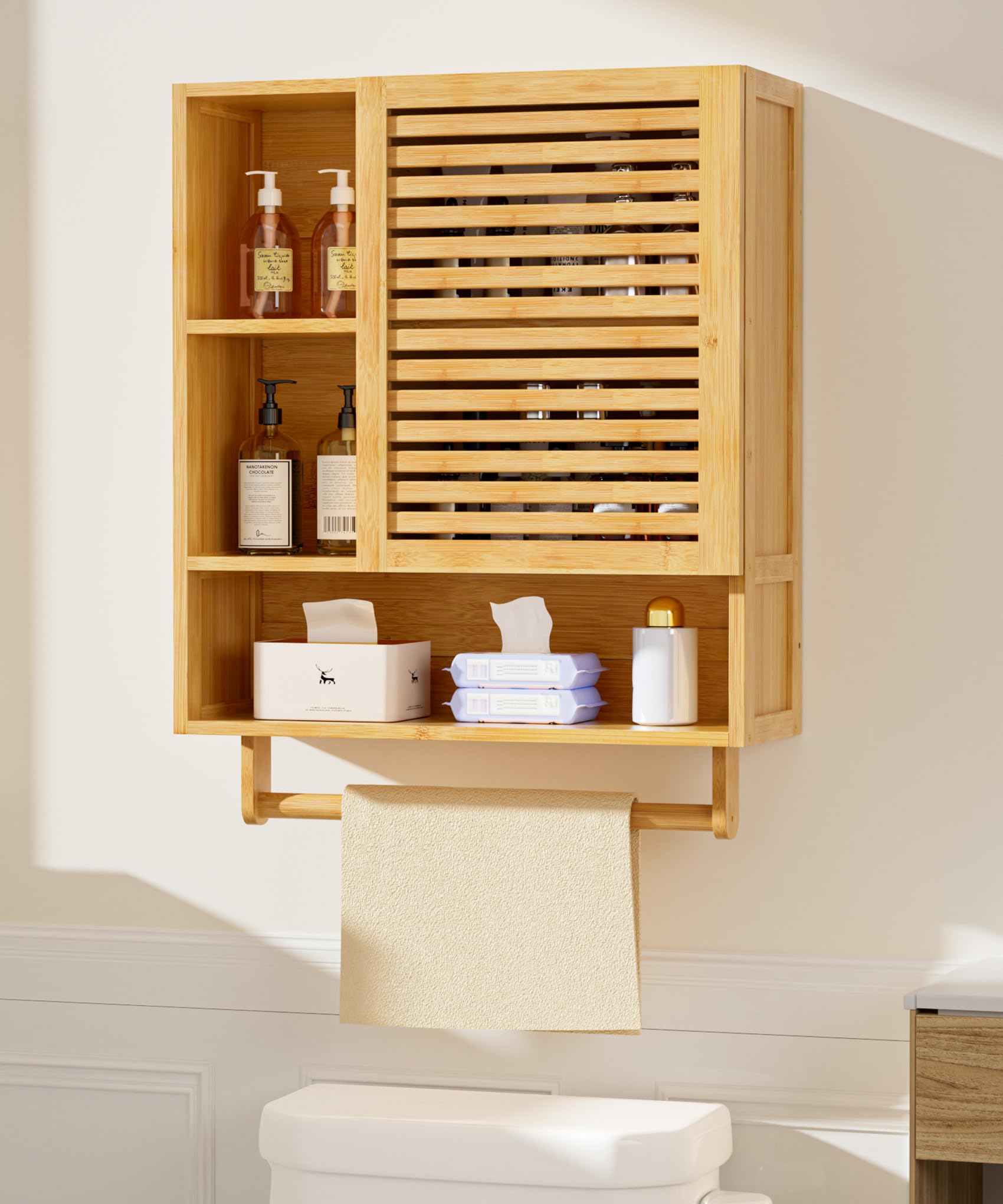 Bamboo Bathroom Cabinet Wall with Towels Bar, Medicine Organizer with Open Compartment