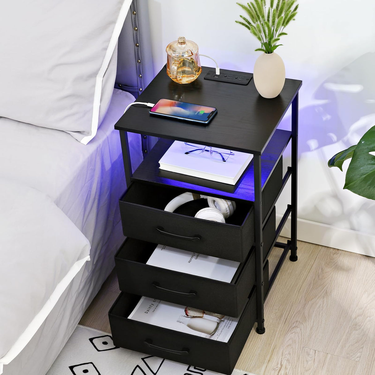 Night Stand Set 2, LED Nightstand with Charging Station, End Tables with Storage Shelf