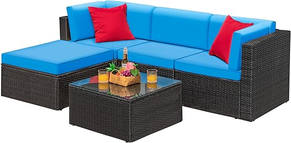 5-Piece Wicker Patio Conversation Set with Cushions and Glass Table
