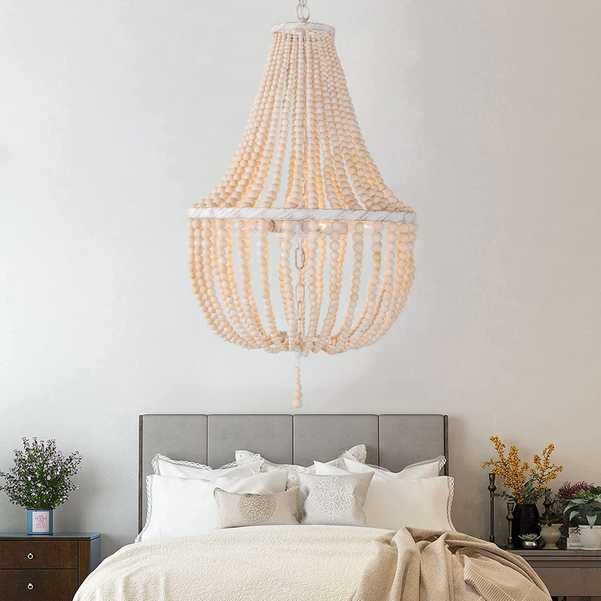 18-inch Boho Wood Beaded Chandelier Modern Farmhouse Ceiling Pendant Hanging