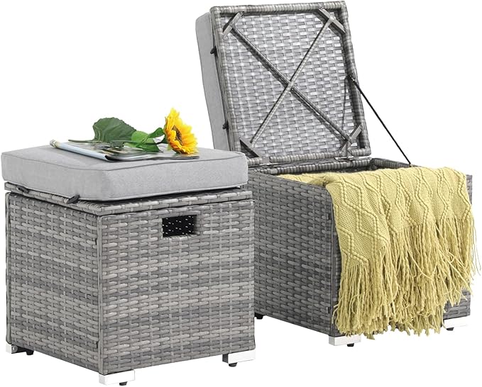 2 Piece Outdoor Patio Ottomans,All-Weather Grey PE Rattan Wicker Ottoman