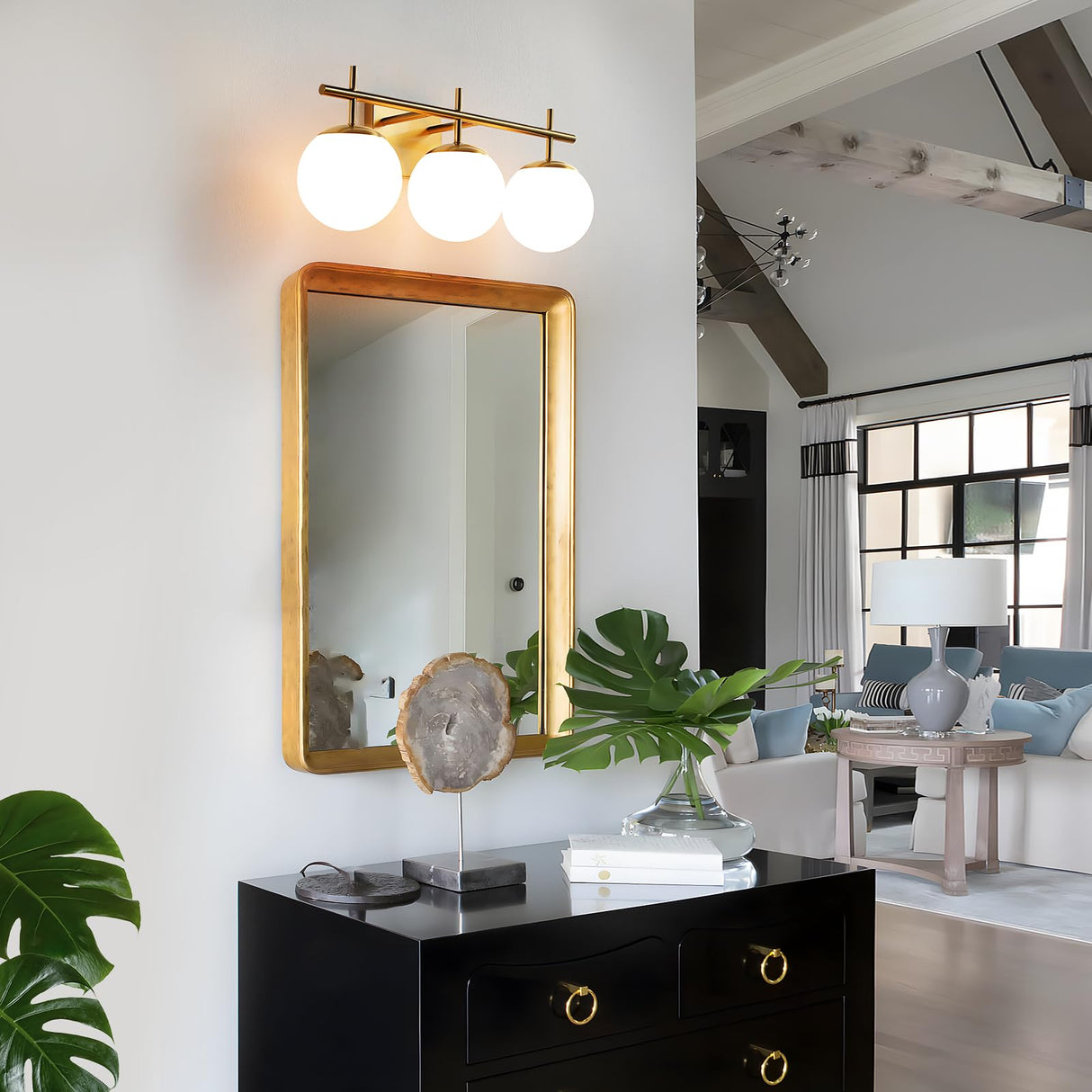 AIJIASI Gold Bathroom Light Fixtures, 3-Light Bathroom Vanity Light Over Mirror, Modern Vanity Lighting Fixtures with Milky White Globe Glass Shade, 22.4 inch Wall Sconce Light (Exclude E26 Bulb)