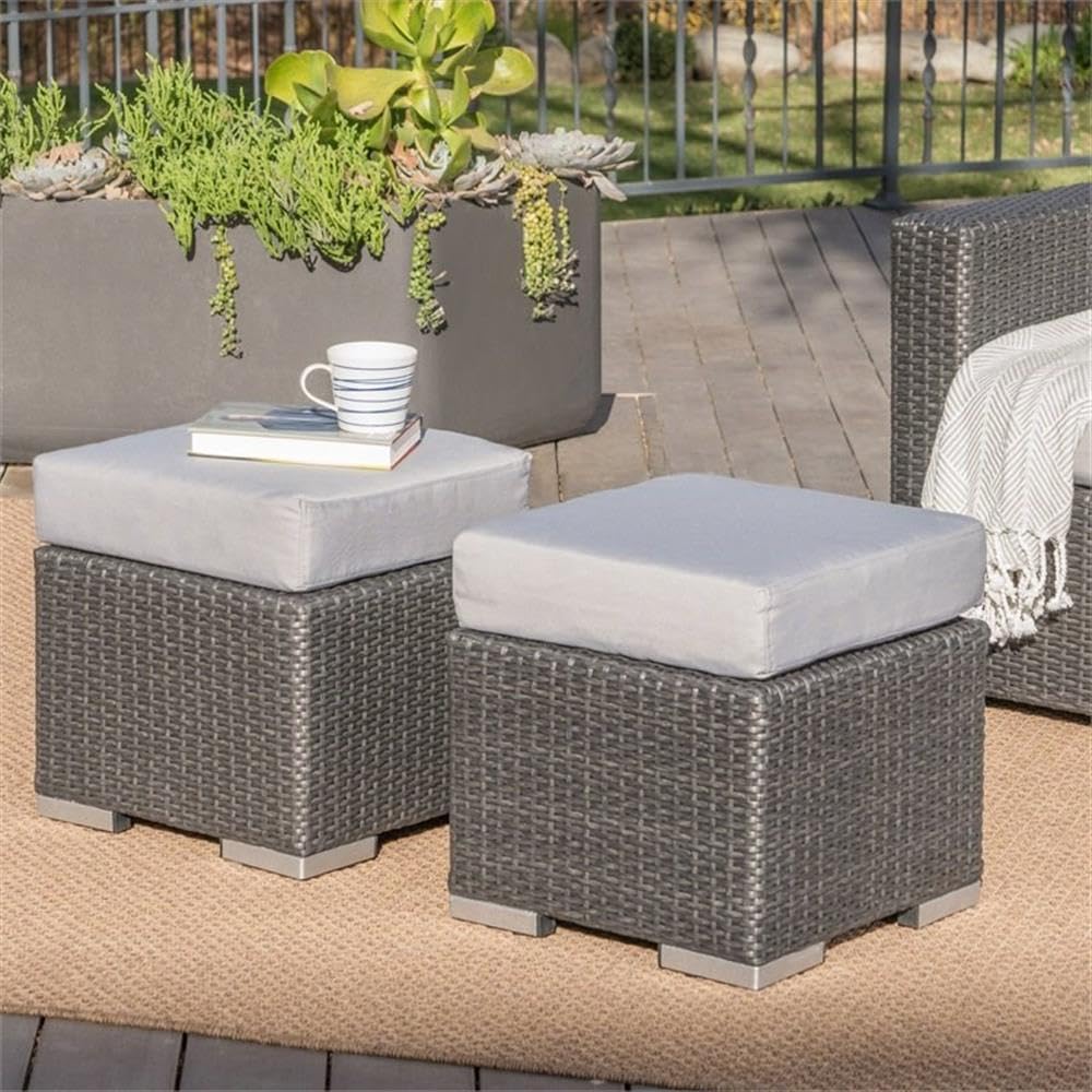 Noble House Santa Rosa 16" Grey Wicker Ottoman Seat w/Silver Cushion (Set of 2)