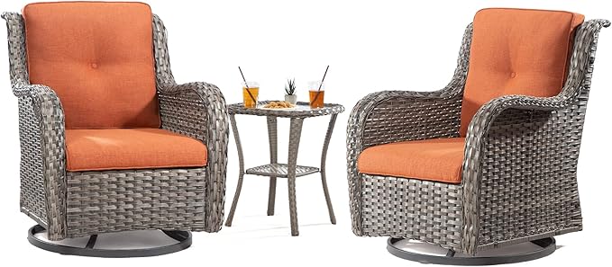 5 Piece Outdoor Patio Furniture Set Wicker Conversation Bistro Set Swivel Rocking Chairs with Side Table and Ottomans for Backyard, Porch, Deck(Mixed Grey/Orange)