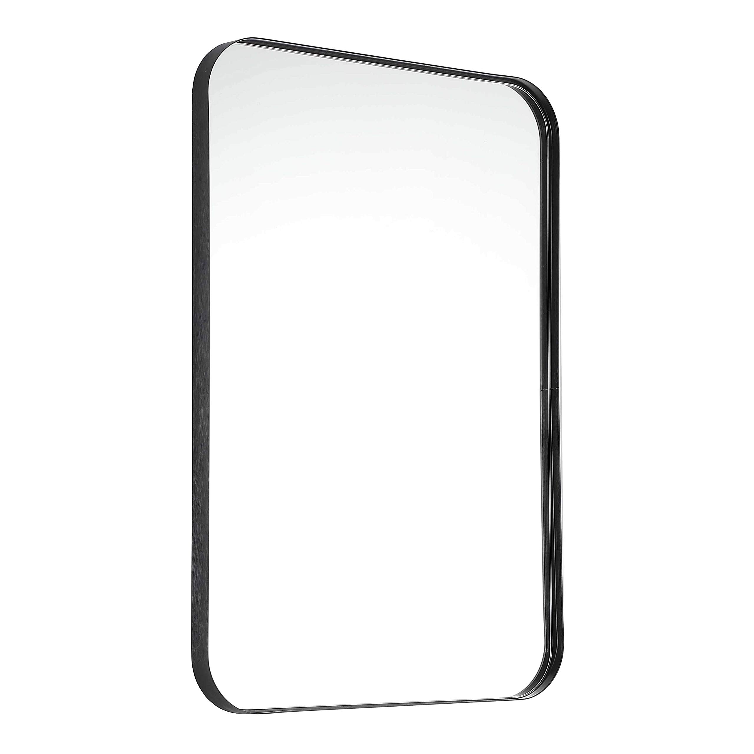 Modern Wall-Mounted Black Rectangle Mirror for Bathroom, Metal Frame Rounded Corner 24" X 36"