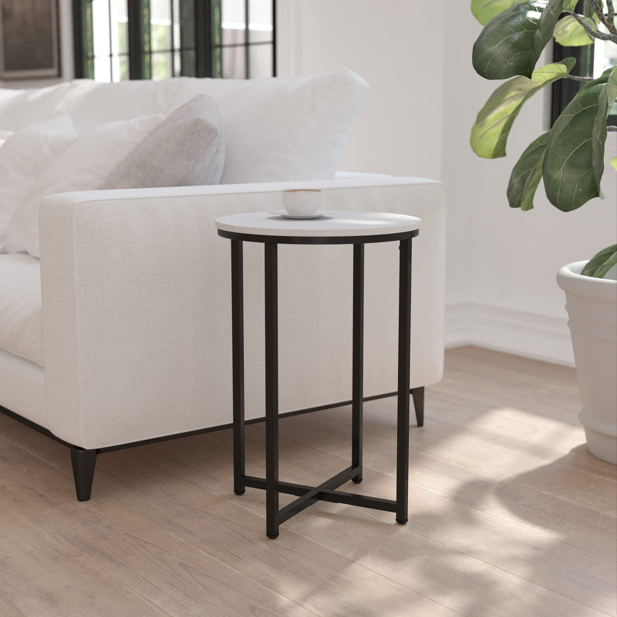 Hampstead Collection End Table - Modern White Finish End Table - Crisscross Matte Black Frame