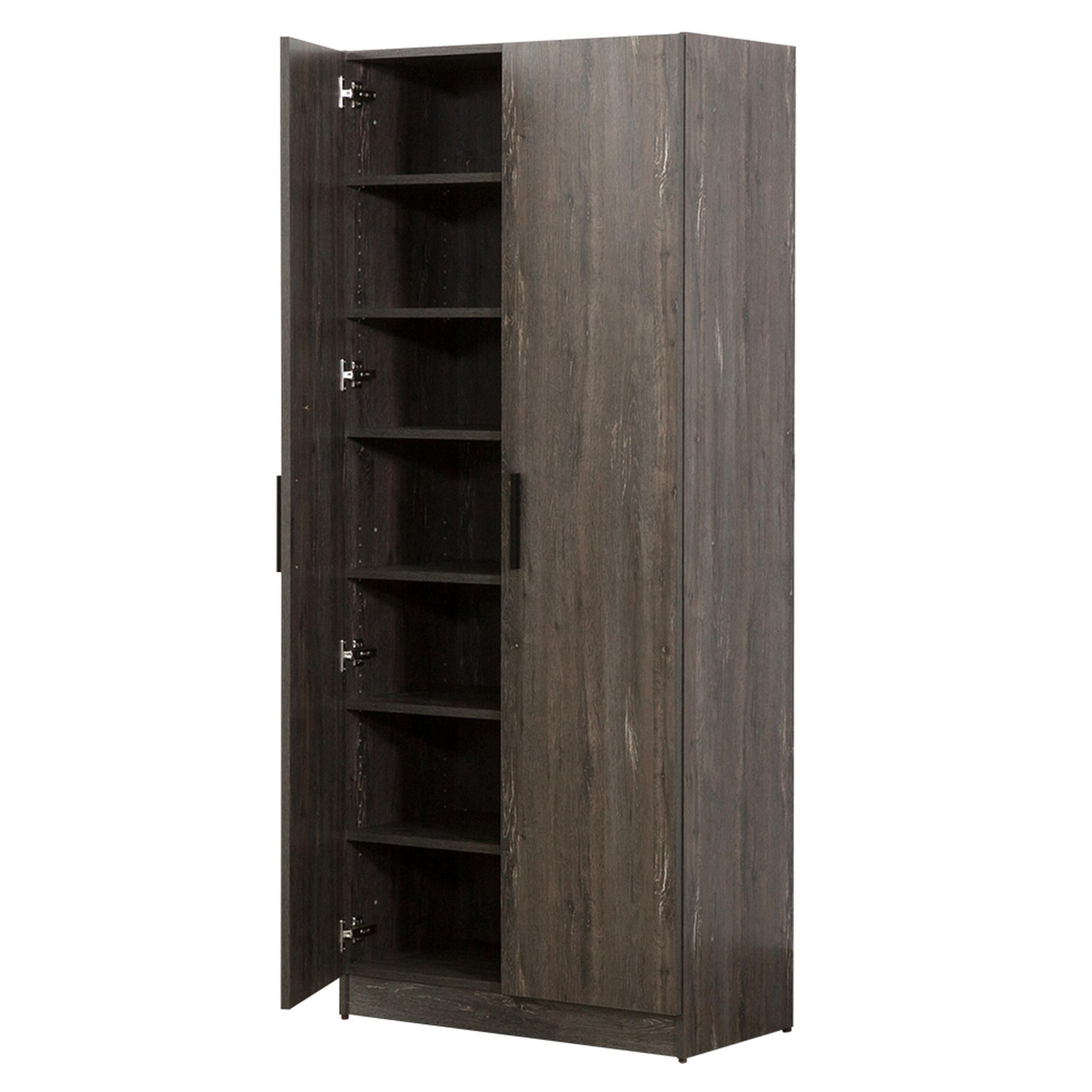 Cabinet with 6 Shelves, 2 Doors, Stable Plinth Base, Rustic, Gray and Black