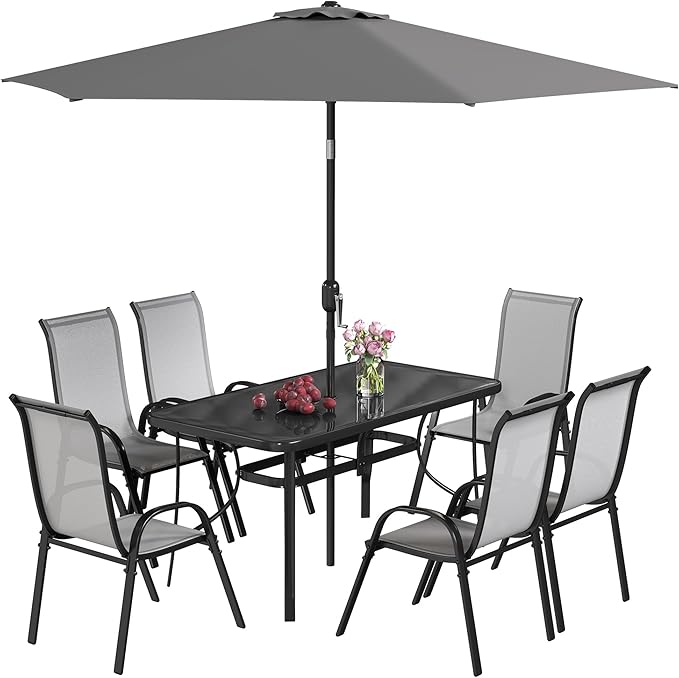 8 Pieces Patio Table and Chairs Set with 9 Ft Patio Umbrella, Outdoor Dining Set