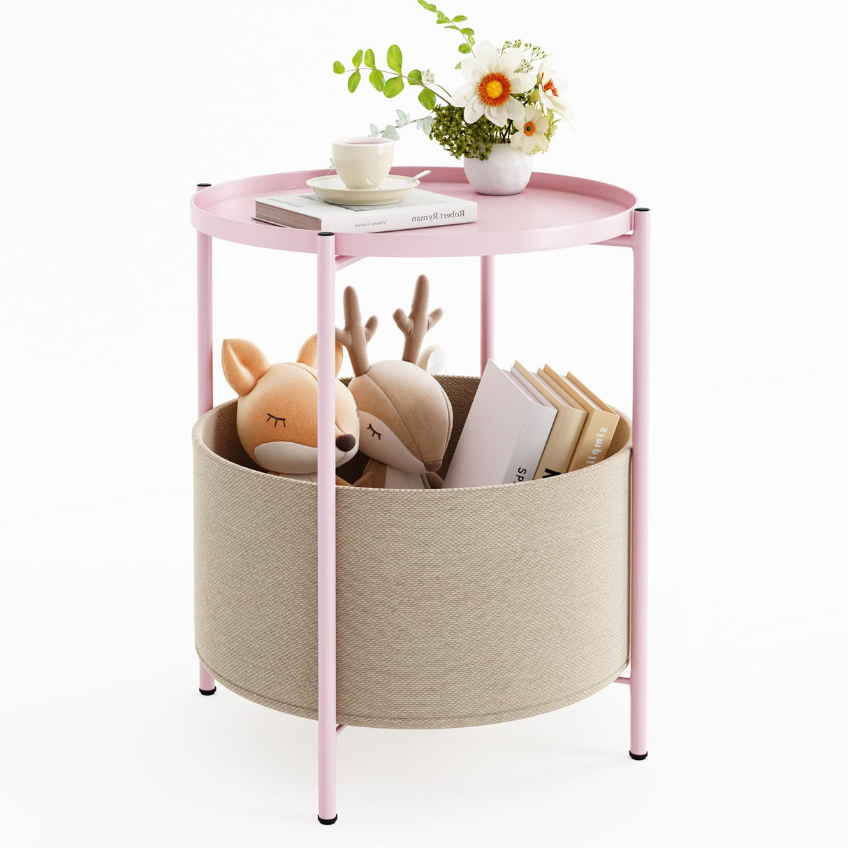 Round Side Table, Bedside Table, Pink Nightstand, Metal Side Table