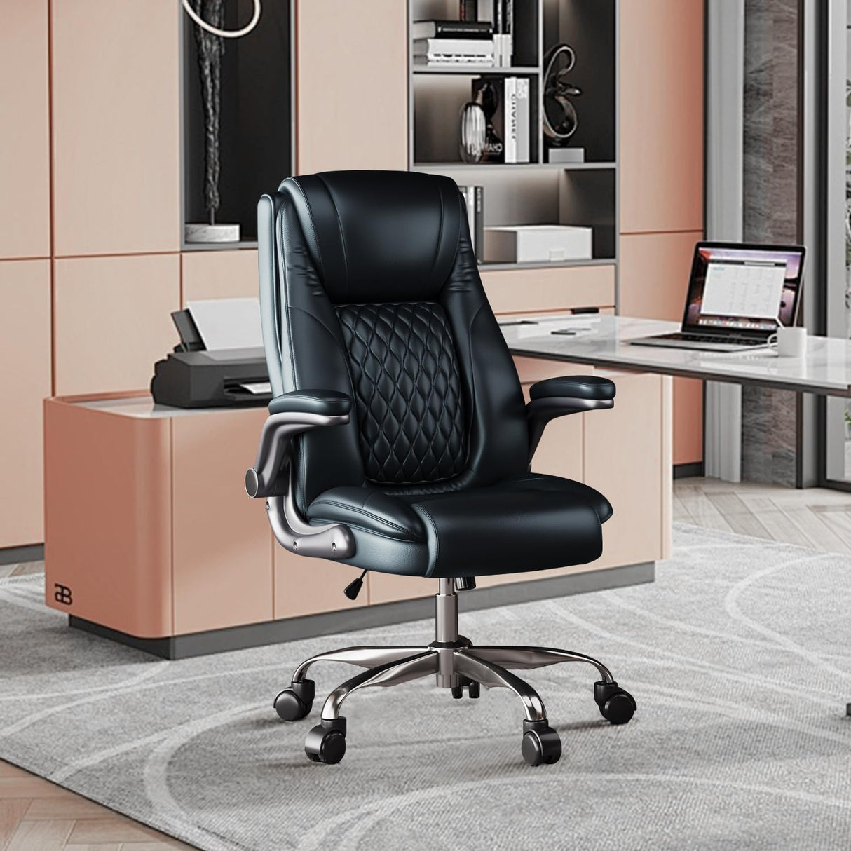 High Back Ergonomic Office Chair with Adjustable Lumbar Support, Ergonomic Home Office Desk Chair w/Wheels PU Leather Computer Chair Executive Office Chair with Flip-Up Arms(Black)