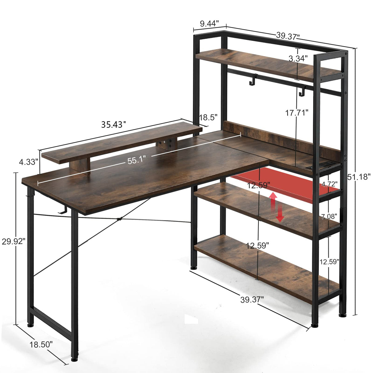 Gaming L Shaped Computer Desk, 55" Home Office Desk with Shelves