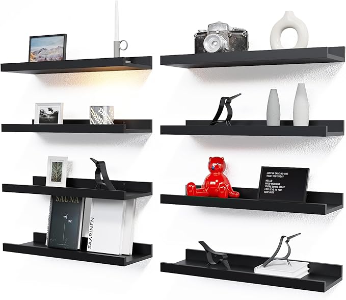 Floating Wall Mounted Shelves, 8pc Set with Lip - Black Nursery Book Shelves for Bedroom