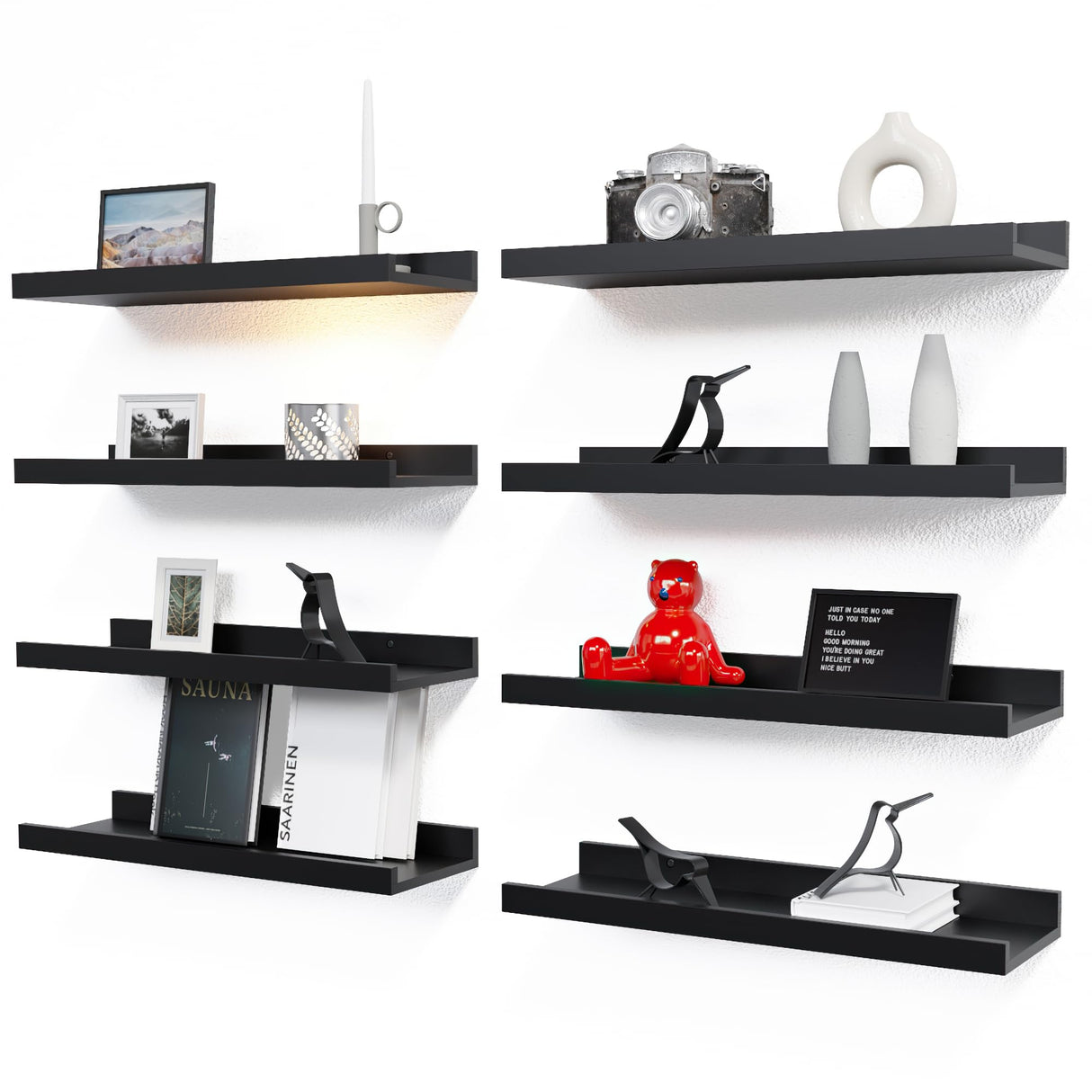 Floating Wall Mounted Shelves, 8pc Set with Lip - Black Nursery Book Shelves for Bedroom