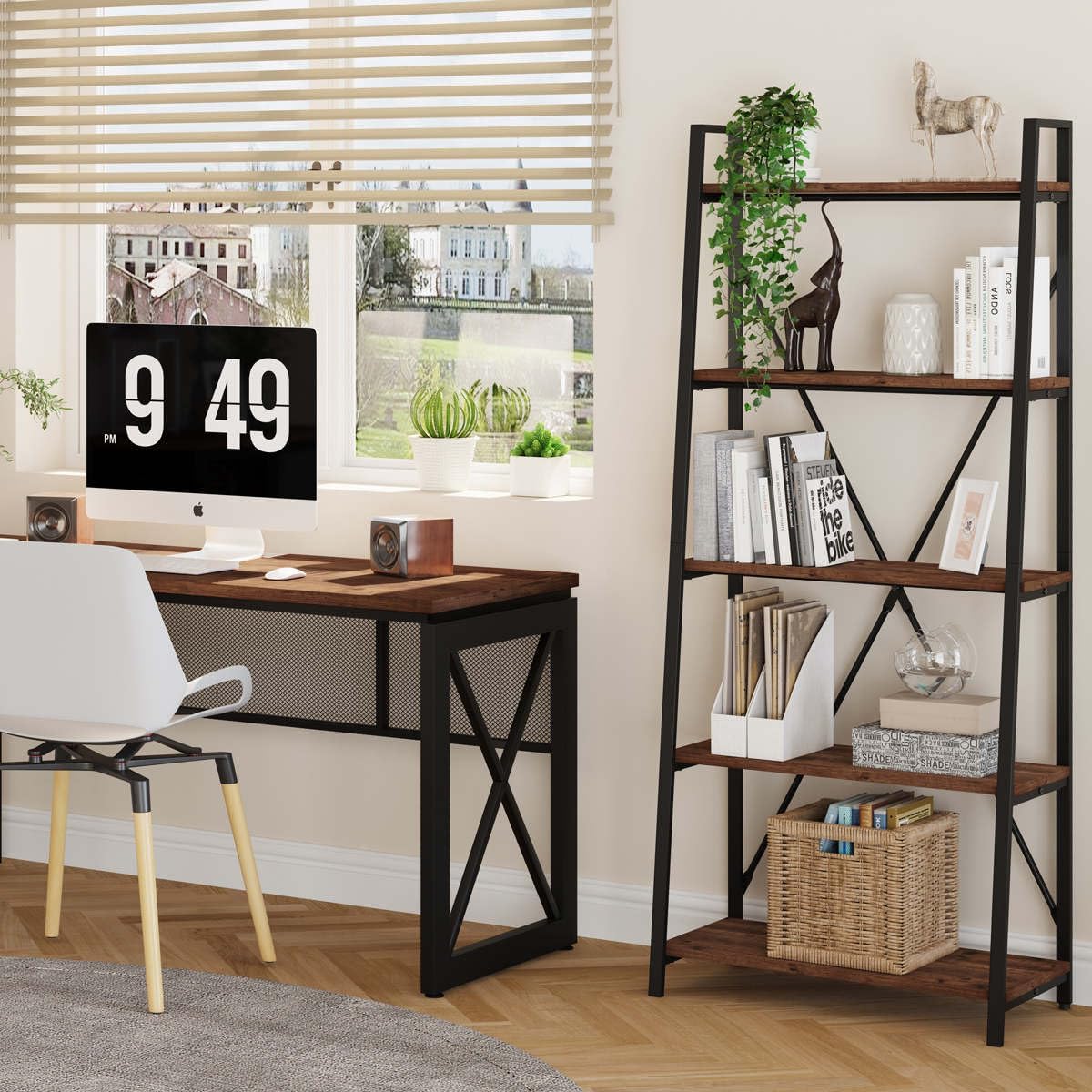 Ladder Shelf Bookcase, 5-Tier Industrial Ladder Bookshelf, Tall Living Room Shelves