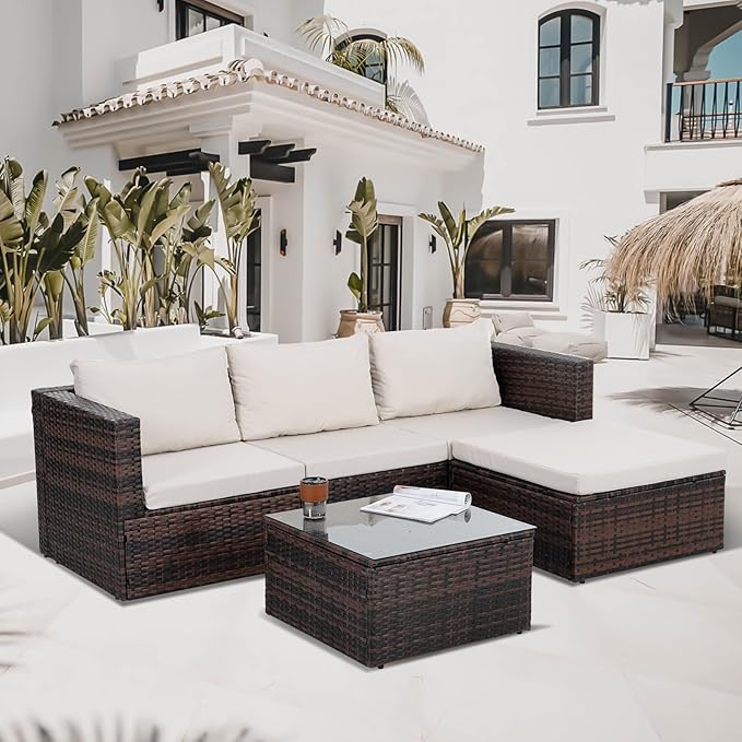 7 Piece Patio Furniture Set, All Weather Outdoor Rattan Wicker