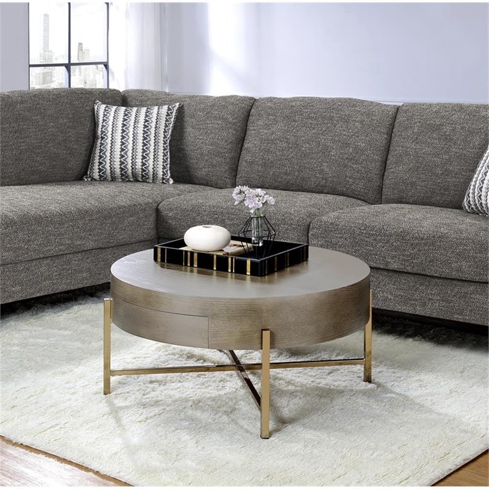 Weyton 1-Drawer Round Wooden Top Coffee Table in Light Brown and Champagne
