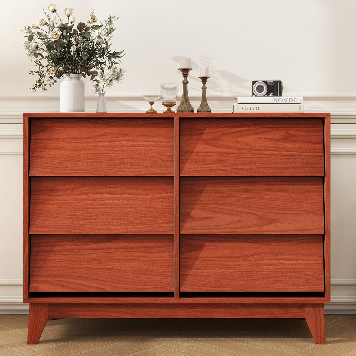 Mid Century Modern Dresser, Wooden 6 Drawers Chest of Drawer for Bedroom