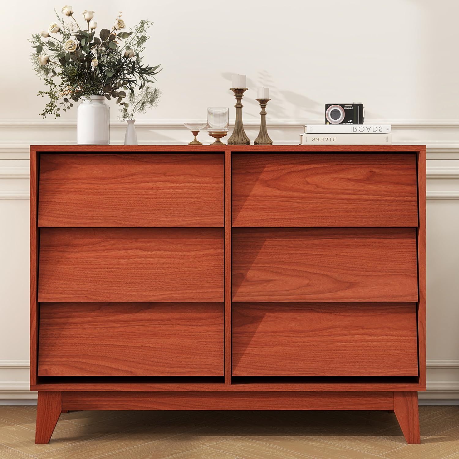 Mid Century Modern Dresser, Wooden 6 Drawers Chest of Drawer for Bedroom