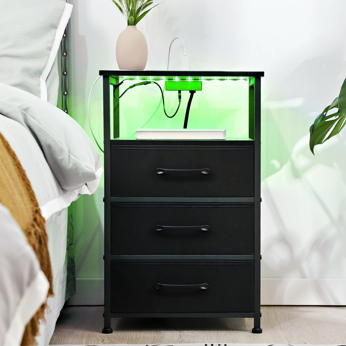 Night Stand Set 2, LED Nightstand with Charging Station, End Tables with Storage Shelf