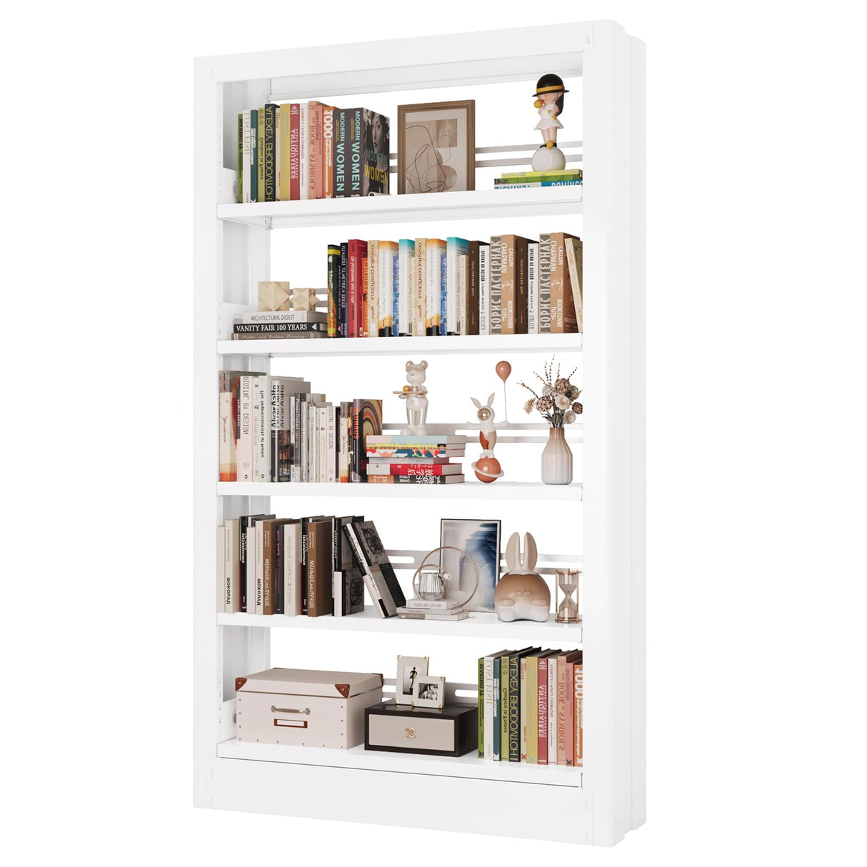 IYANEN 5 Tier Metal White Bookshelf, Heavy Duty Metal Bookcase Including Book Stopper, 71" Tall Bookcase with Adjustable Storage Shelves, Modern Bookshelf for Library, Office, School, Living Room