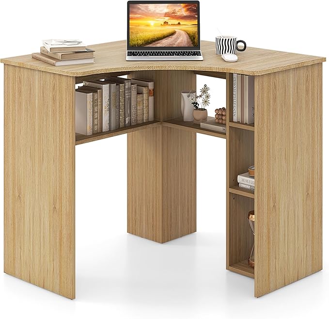 White Corner Desk with Storage Shelves, Space-Saving Triangle Study Writing Desk