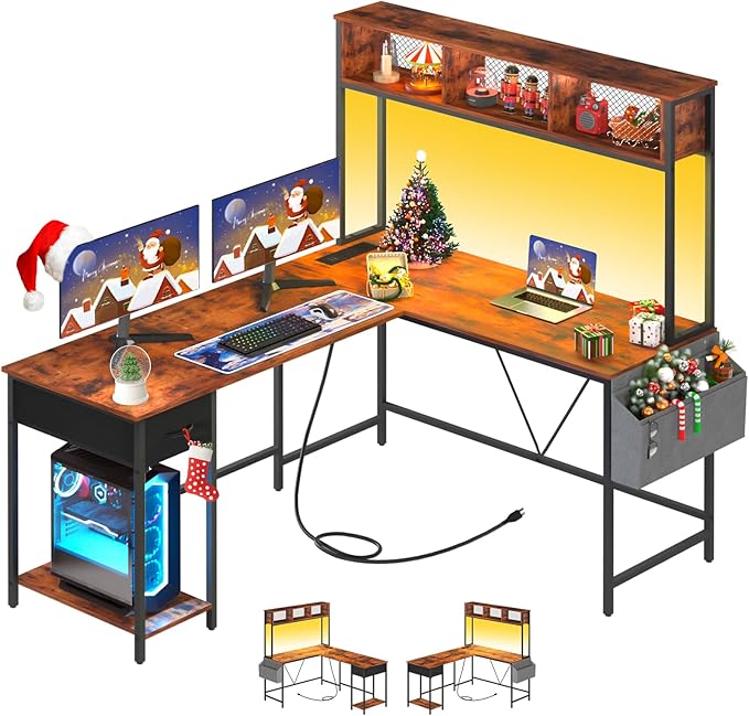 Shaped Desk Gaming Desk with LED Strip & Power Outlet, Reversible L-Shaped Computer