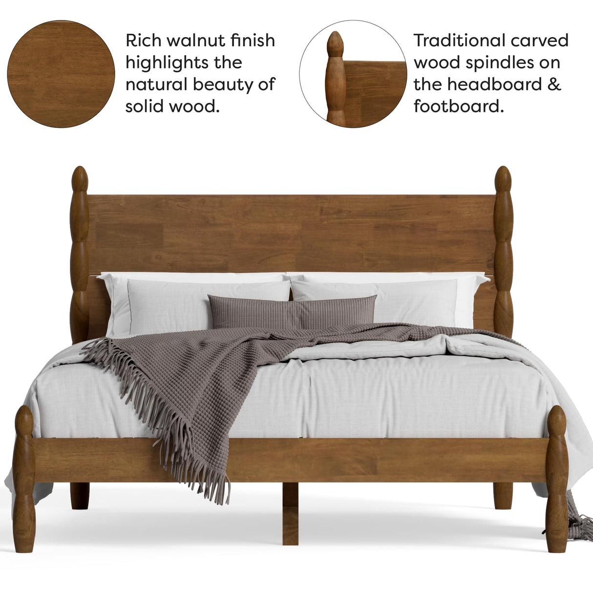 Queen Size Solid Wood Spindle Bed Frame with Four Posts - Walnut Finish