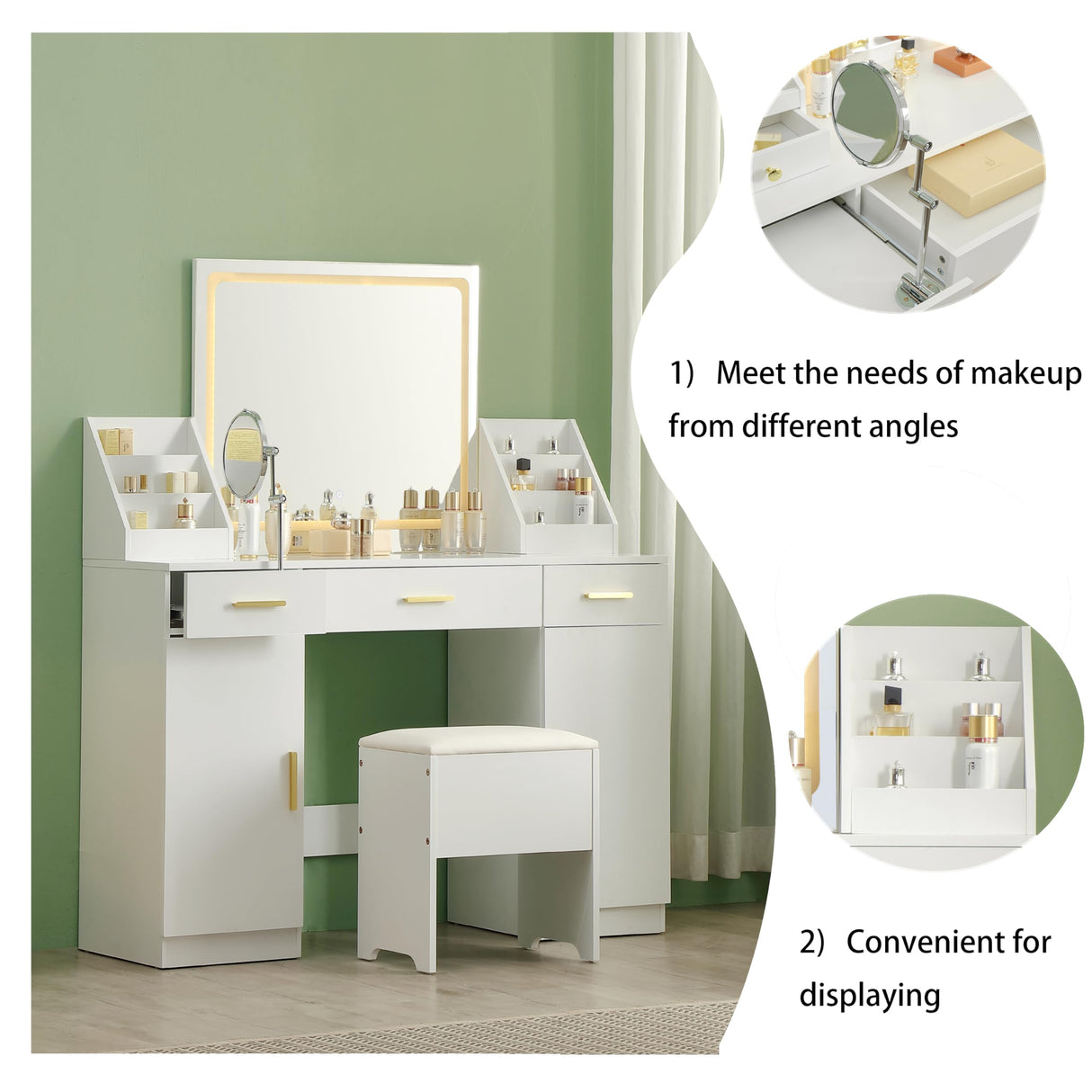47.2'' Large Vanity with Folding Up Makeup Mirror,Makup Vanity with Makeup Organizer