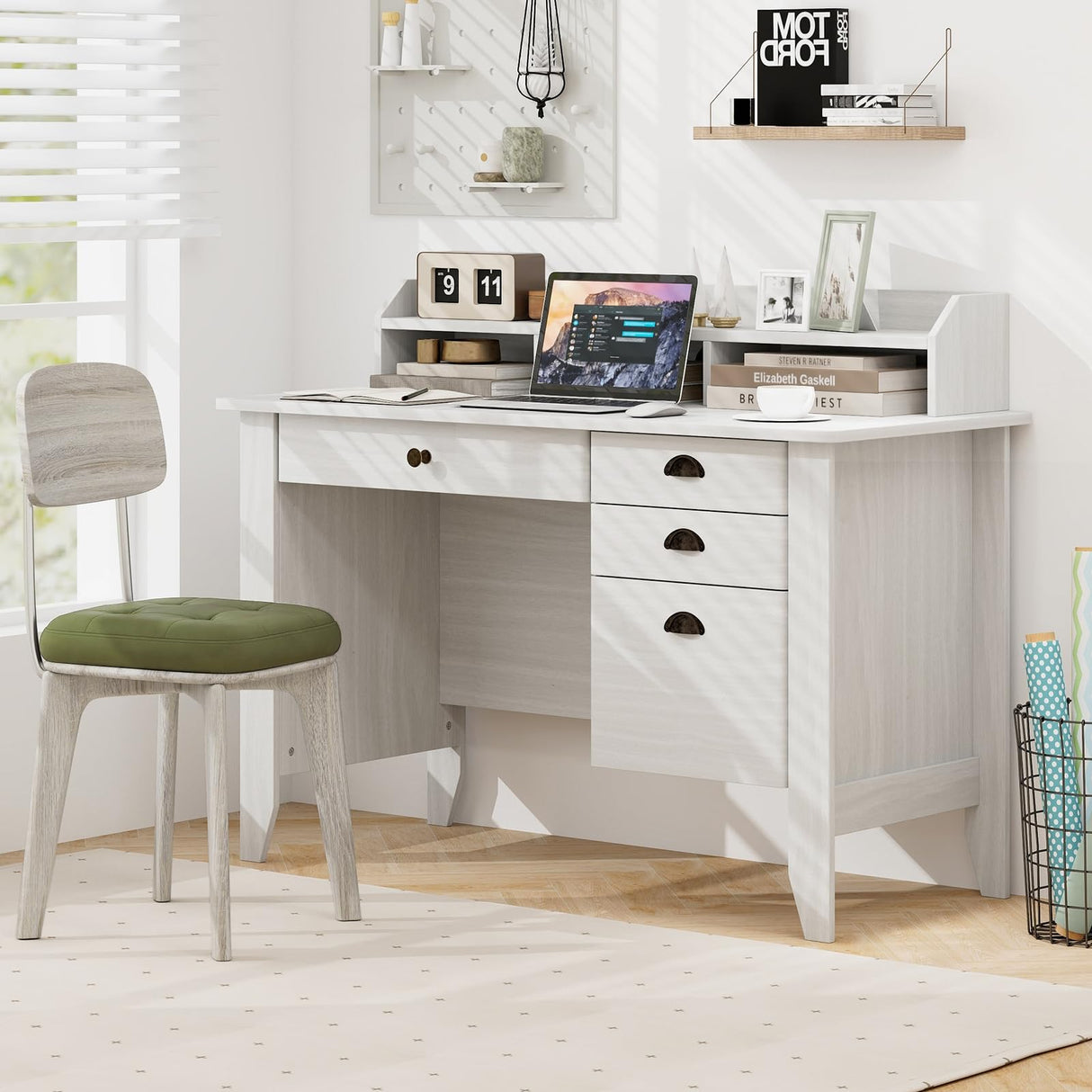 Computer Desk with 4 Storage Drawers and Hutch Wood Executive Table for PC Laptop