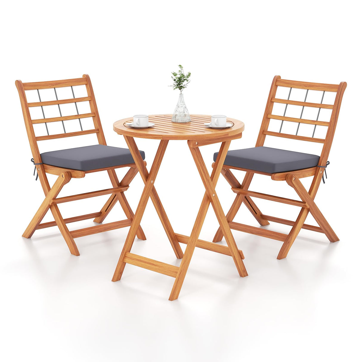 3 Piece Patio Wood Bistro Set, Folding Table Chair Set w/Soft Seat Cushions