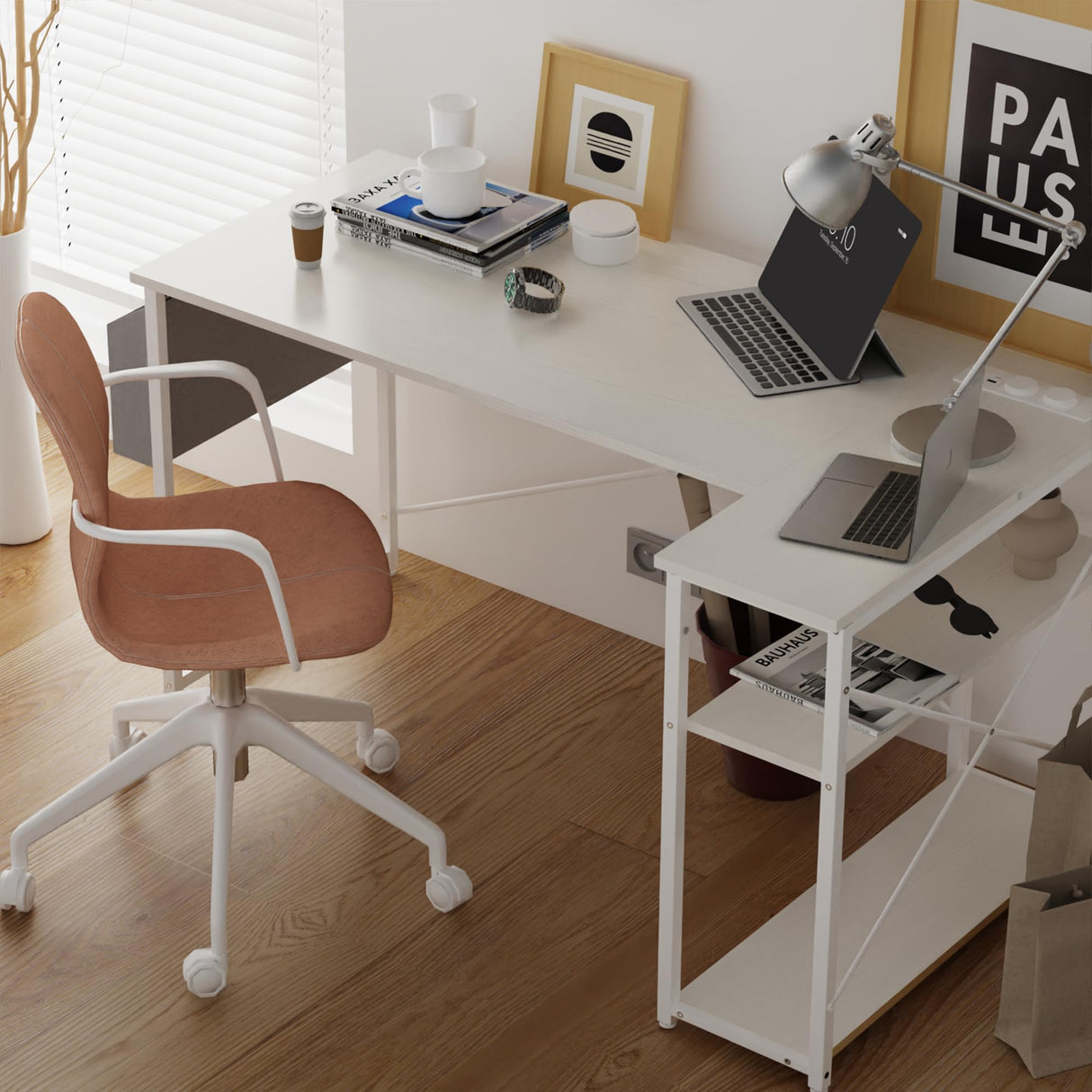 Small Computer Desk with Power Outlets, 40 Inch L Shaped Desk with Reversible Shelves