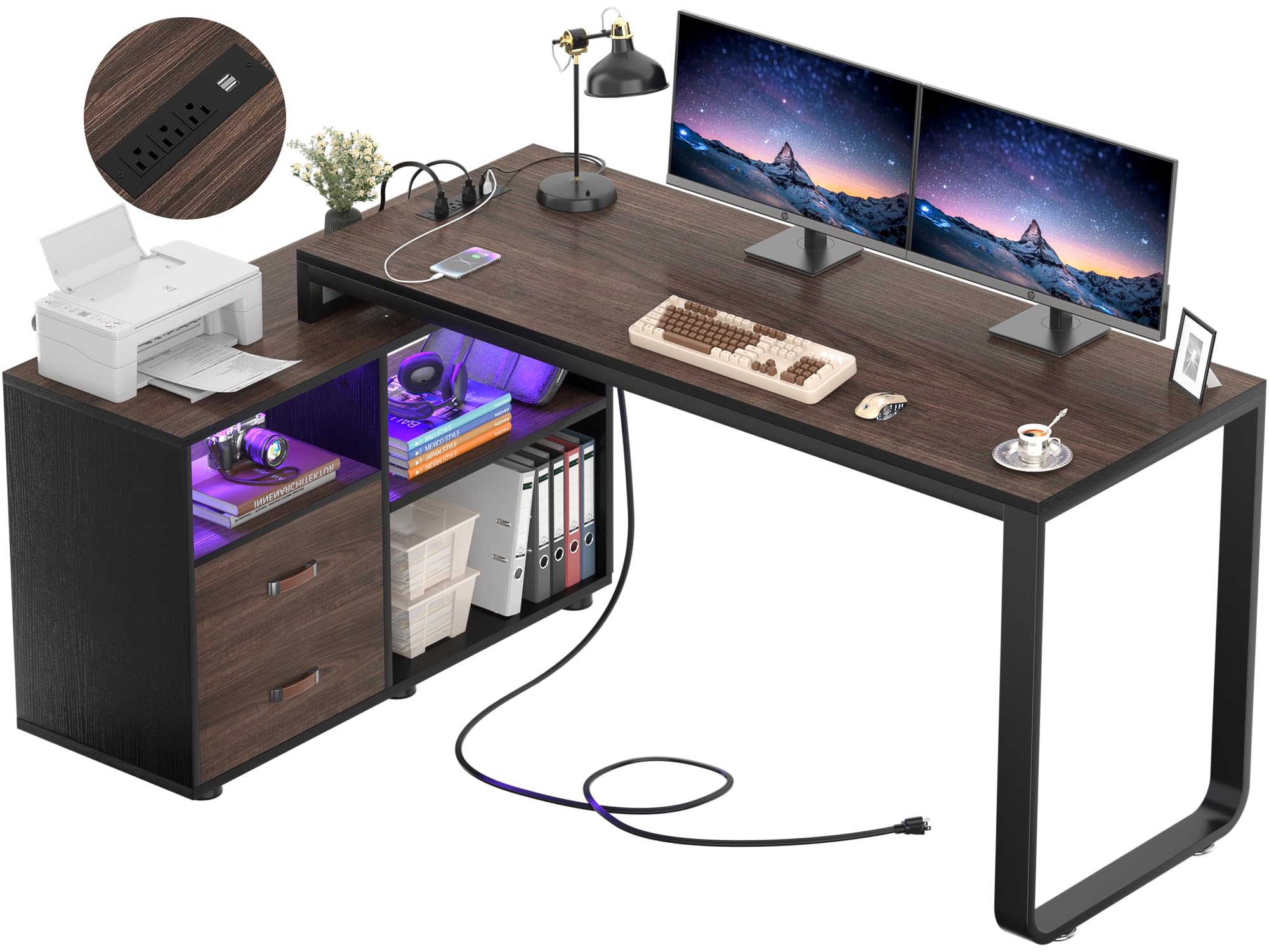 HomeEase 55-Inch L-Shaped Desk with File Cabinet, Power Outlet & Reversible Design