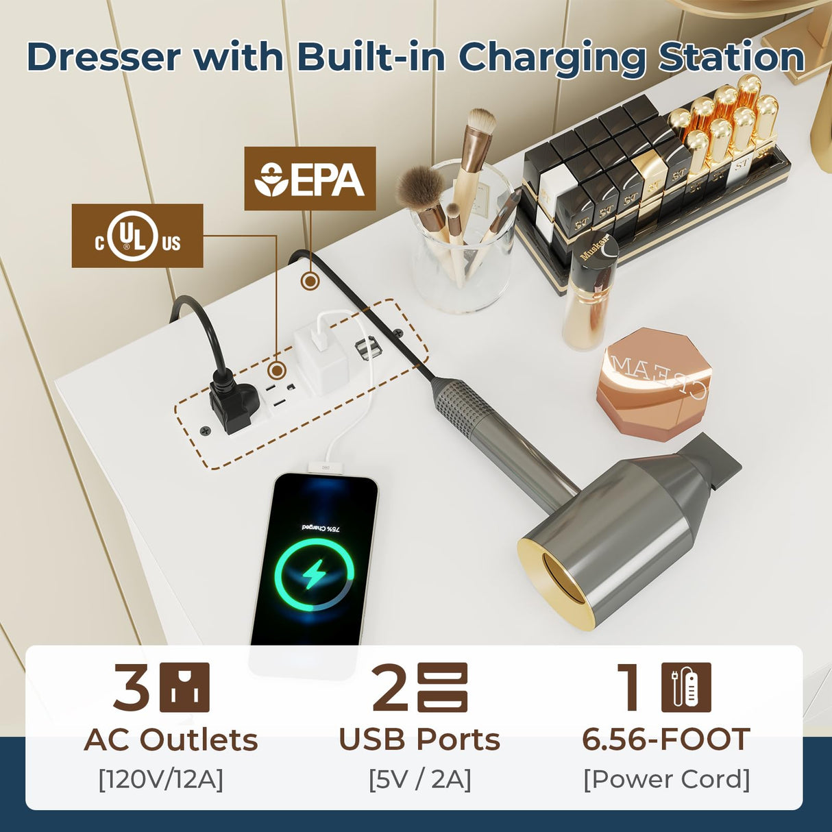 White Bedroom Dresser with 10 Drawers, Large Chest of Drawers Storage Organizer, Long