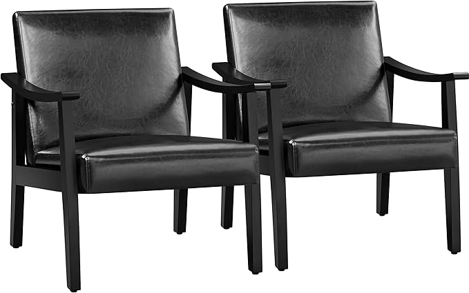 PU Leather Accent Chair, Mid-Century Modern Armchair with Solid Wood Legs