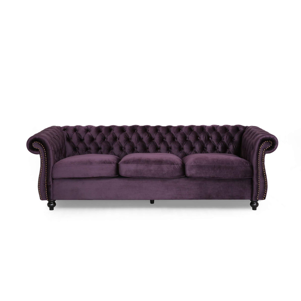 Tufted Jewel Toned Velvet Sofa with Scroll Arms, BlackBerry
