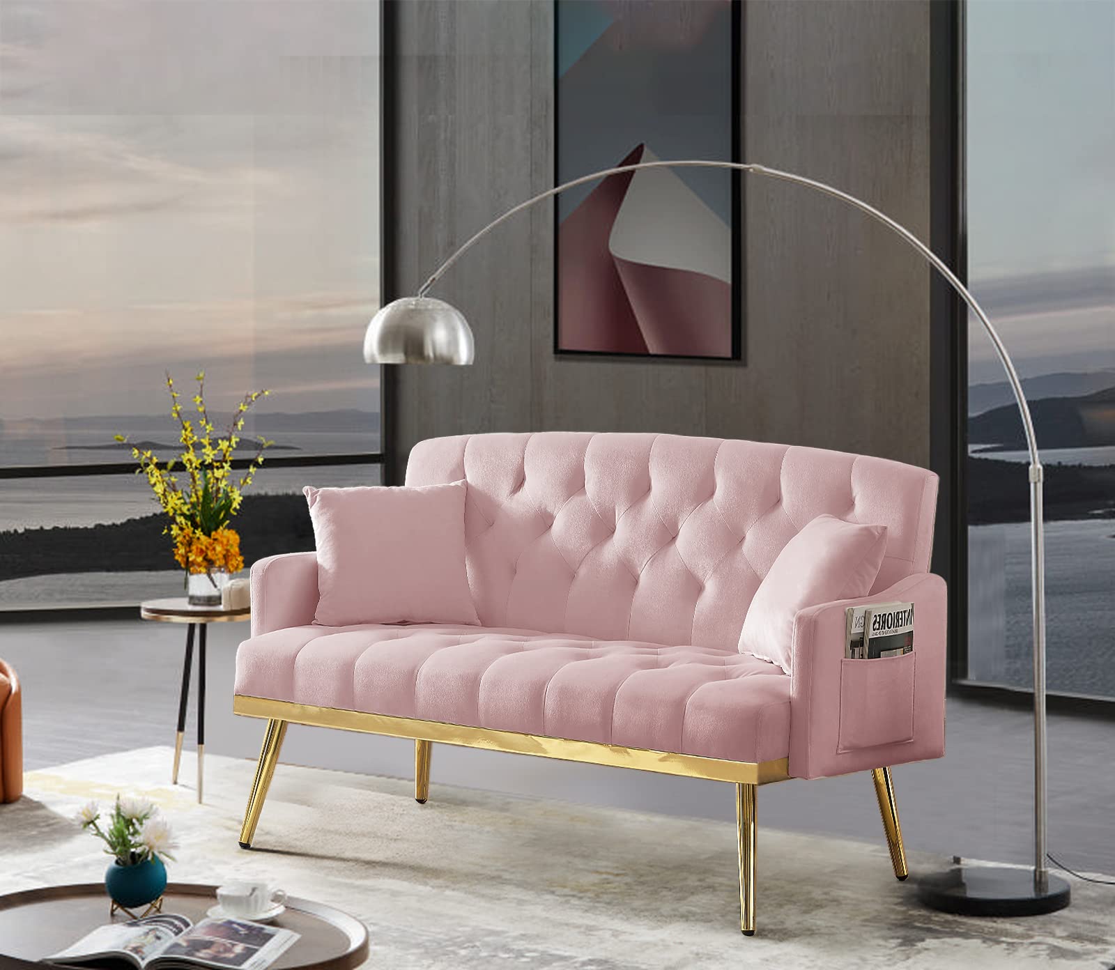 Velvet Loveseat Sofa, Modern Small Sofa Couch with Side Pocket and Golden Metal Legs