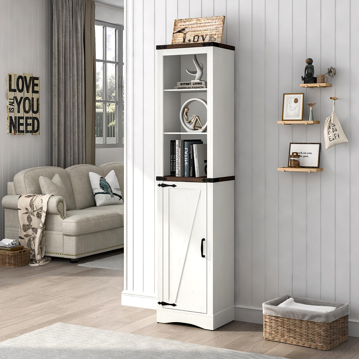 68" Tall Farmhouse Bathroom Storage Cabinet, 5-Shelf Storage Cabinet